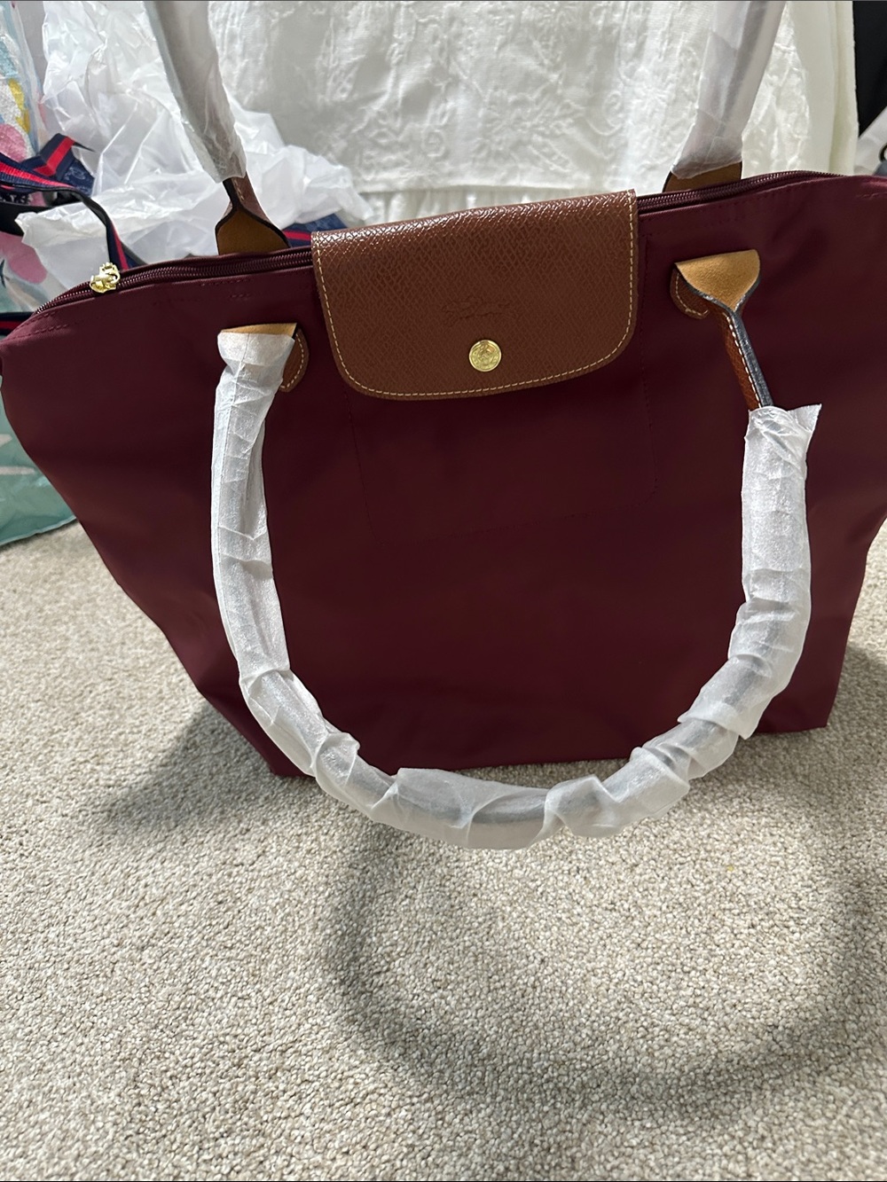 Women's Burgundy Tote Bag with Brown Trim